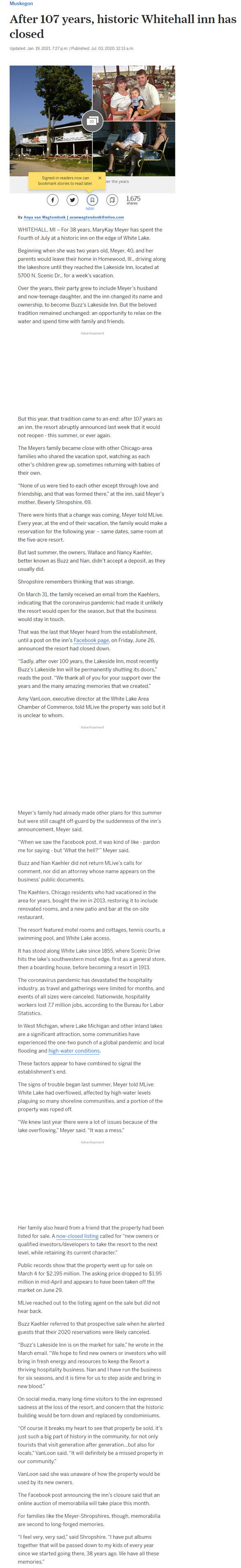 Lakeside Inn - Jan 2021 Article From Mlive (newer photo)